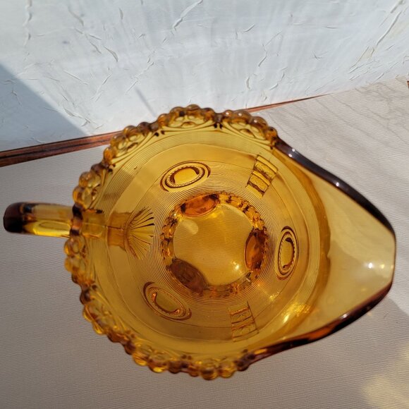 Antique Indiana Amber Dewey Depression Glass Pitcher With Floral & Geometric Des - Picture 10 of 10